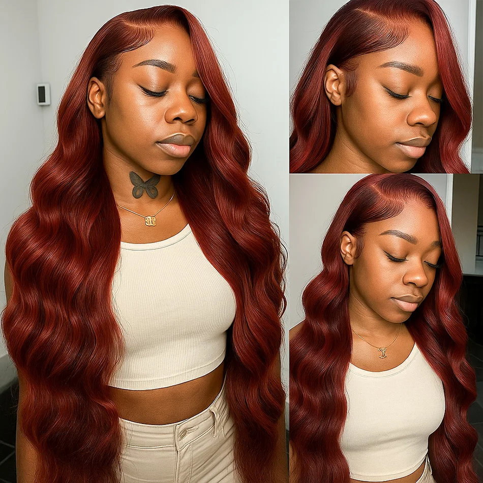 Peruca Frontal de Renda com Ondas Corpo em Tom Castanho Avermelhado, Cabelo Humano Brasileiro Pré-Desfiado, 16-32 Polegadas, Perucas Frontais de Renda Transparente 13x4