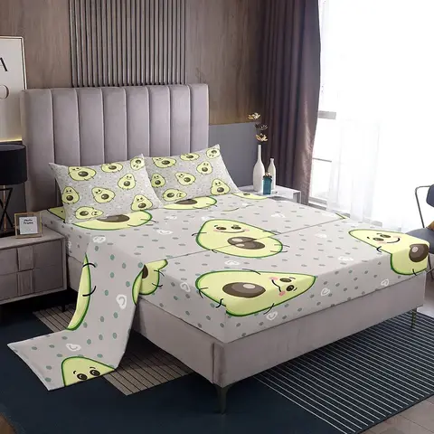 Set lenzuola verde avocado modello cartone animato Kawaii per bambino ragazzo ragazza set biancheria da letto in poliestere lenzuolo con angoli + lenzuolo piatto + 2 federe