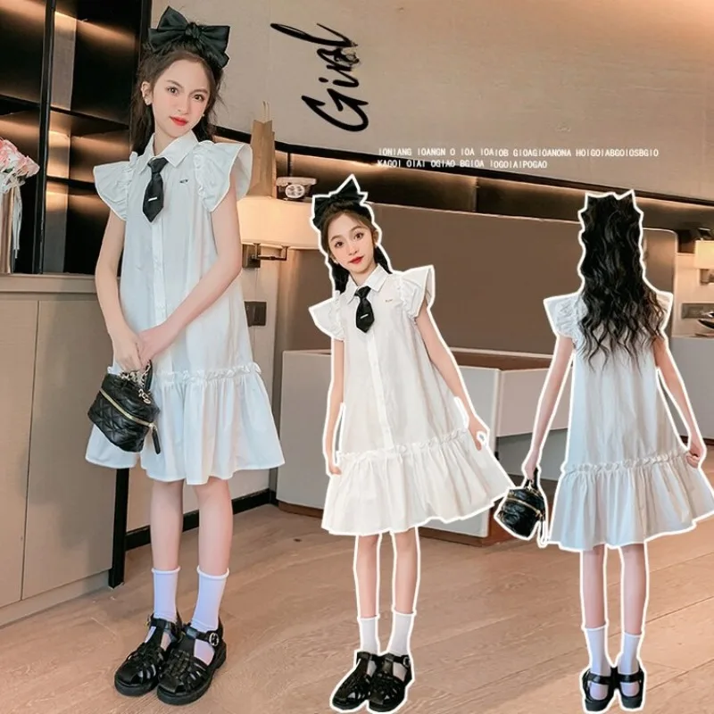 

Girls Summer Dress Children's White Academic Style Shirt Dress Kids Short Puff Sleeve Cotton Princess Dress 2025 New
