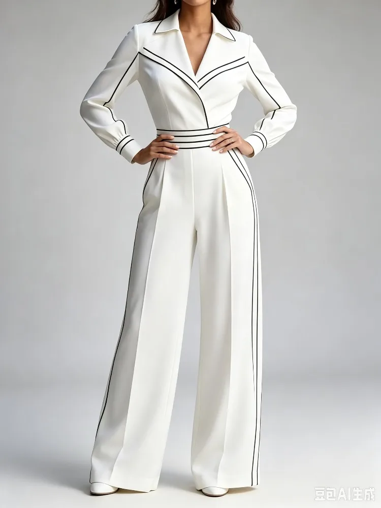 Yeezzi Lady Elegant Office White Jumpsuit Black Line Piping Lapel V-Neck Long Sleeve High Waist Wide Leg Business Formal Romper