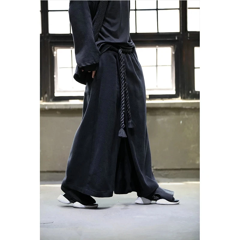 Men's new cotton linen loose trend wide leg skirt pants long pants versatile large hip hop personalized stage dress