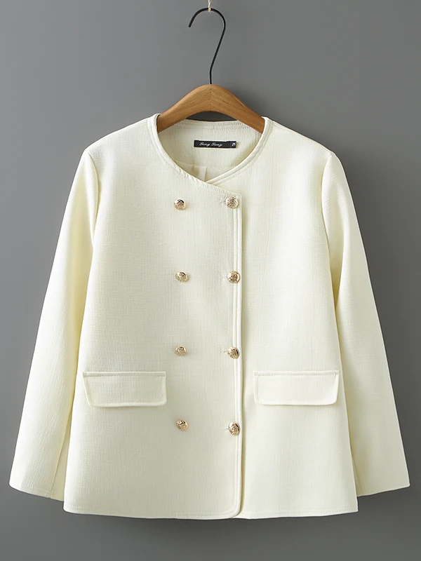 plus Size Women's Spring Autumn New Style Slimming Belly Covering Small Fragrance Style Double Row Metal Button Jacket Pure C...