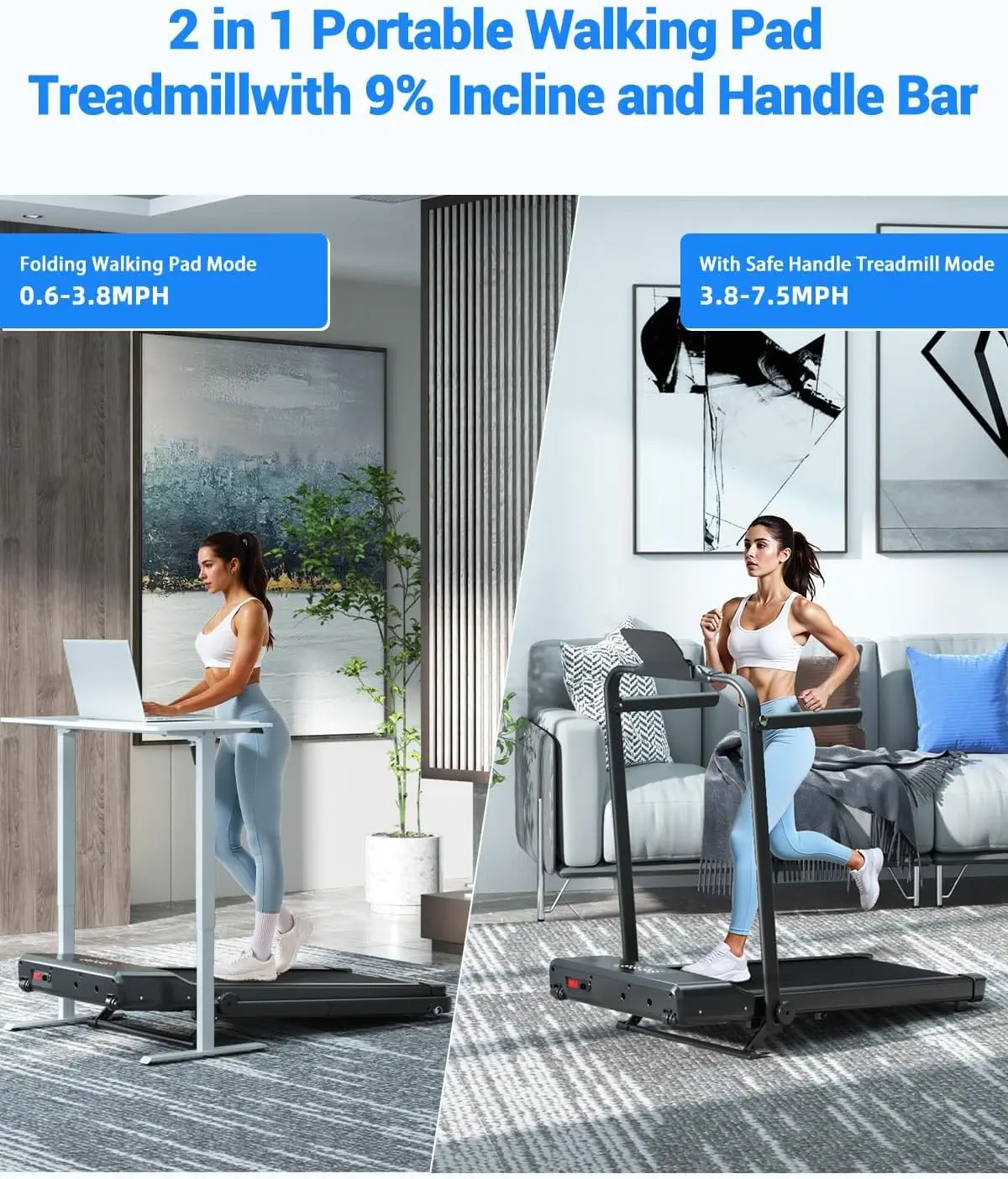 Portable Under Desk Electric Running Machine with Handle Bar, 3.0HP Walking Pad Treadmill for Home Office, LED Remote