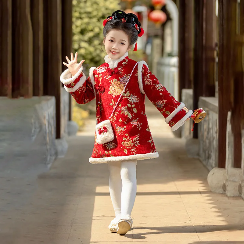 Hanfu Girls\' New Year\'s Greetings, Children\'s Chinese Style Tang Winter Clothing, One Year Old Cheongsam Skirt,  New Year Baby