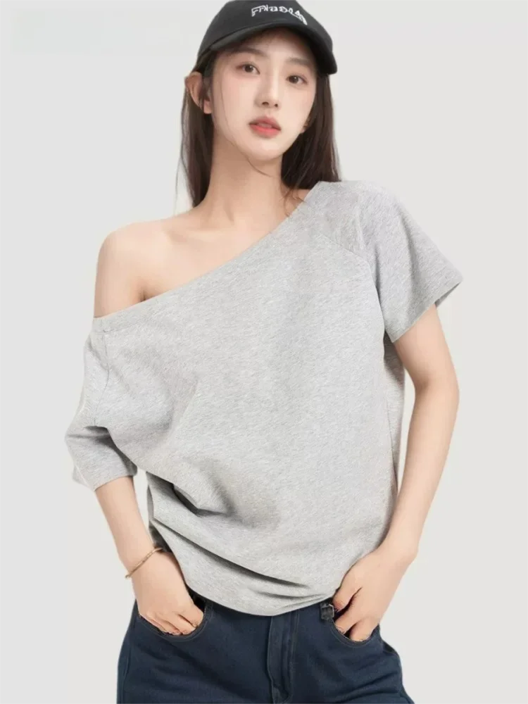 

slope shoulder short sleeve tshirt summer one shoulder off shoulder loose casual relaxed fit women tops
