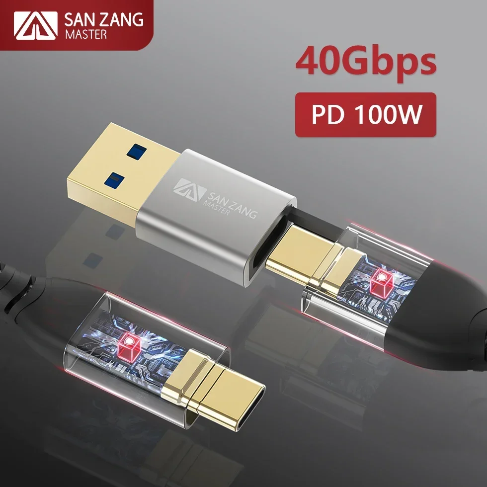 SANZANG USB 3.2 PD100W Fast Charging Cable 40Gbps USB A to Type C Charge Data Kabel Wire Line for Phone Charger Adapter 1M Braid