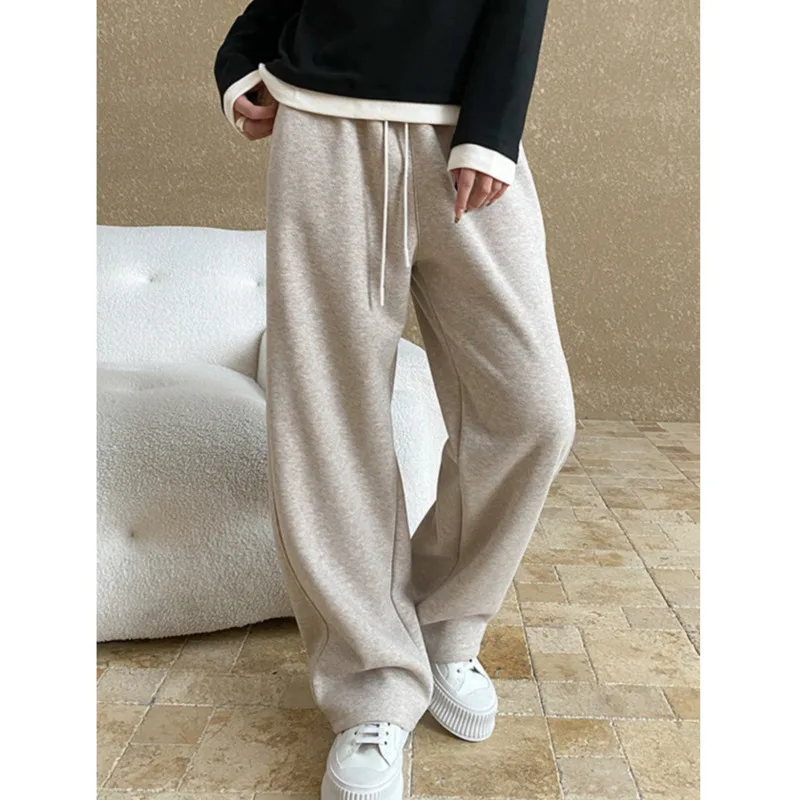 Winter Drawstring Plush Thick Wide Leg Pants Women Elastic Contrast Color Splicing High Waist Casual Trousers