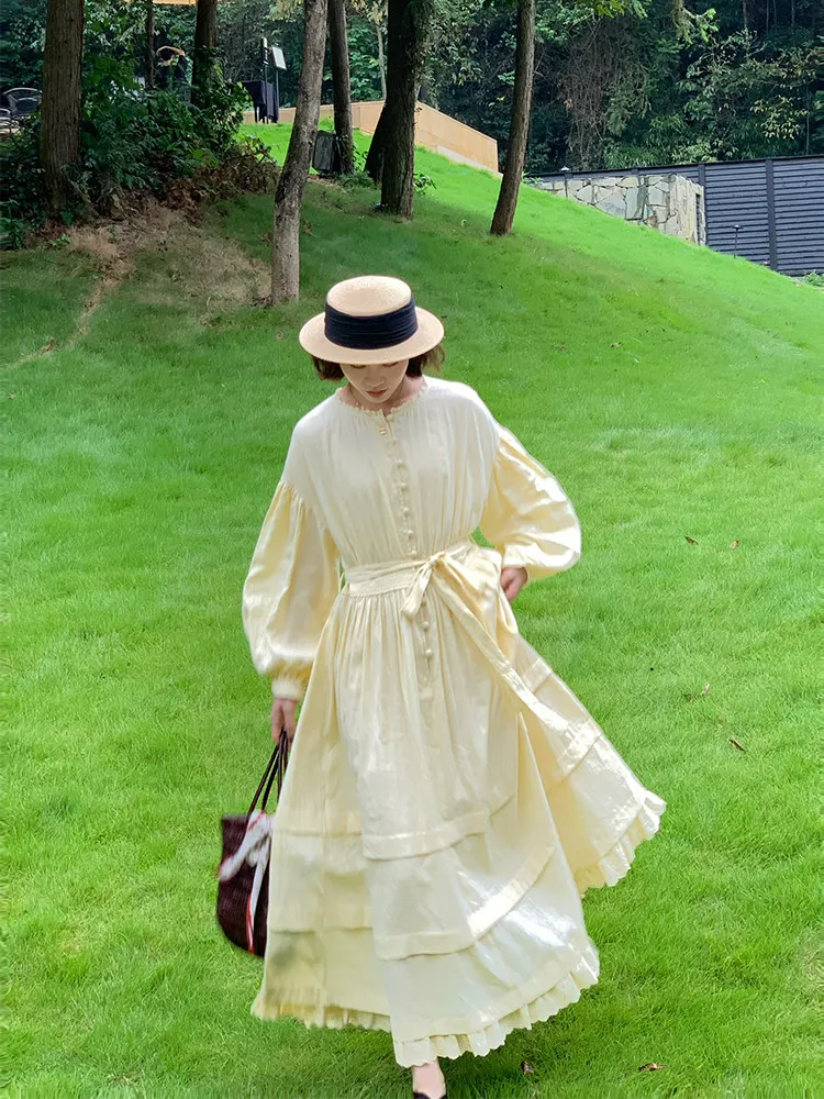 

TIYIHAILEY Spring Autumn Women Dress Linen Cotton Full Lantern Sleeve Long Maxi Ladies Vintage High Waist 2026 Lace Up Yellow