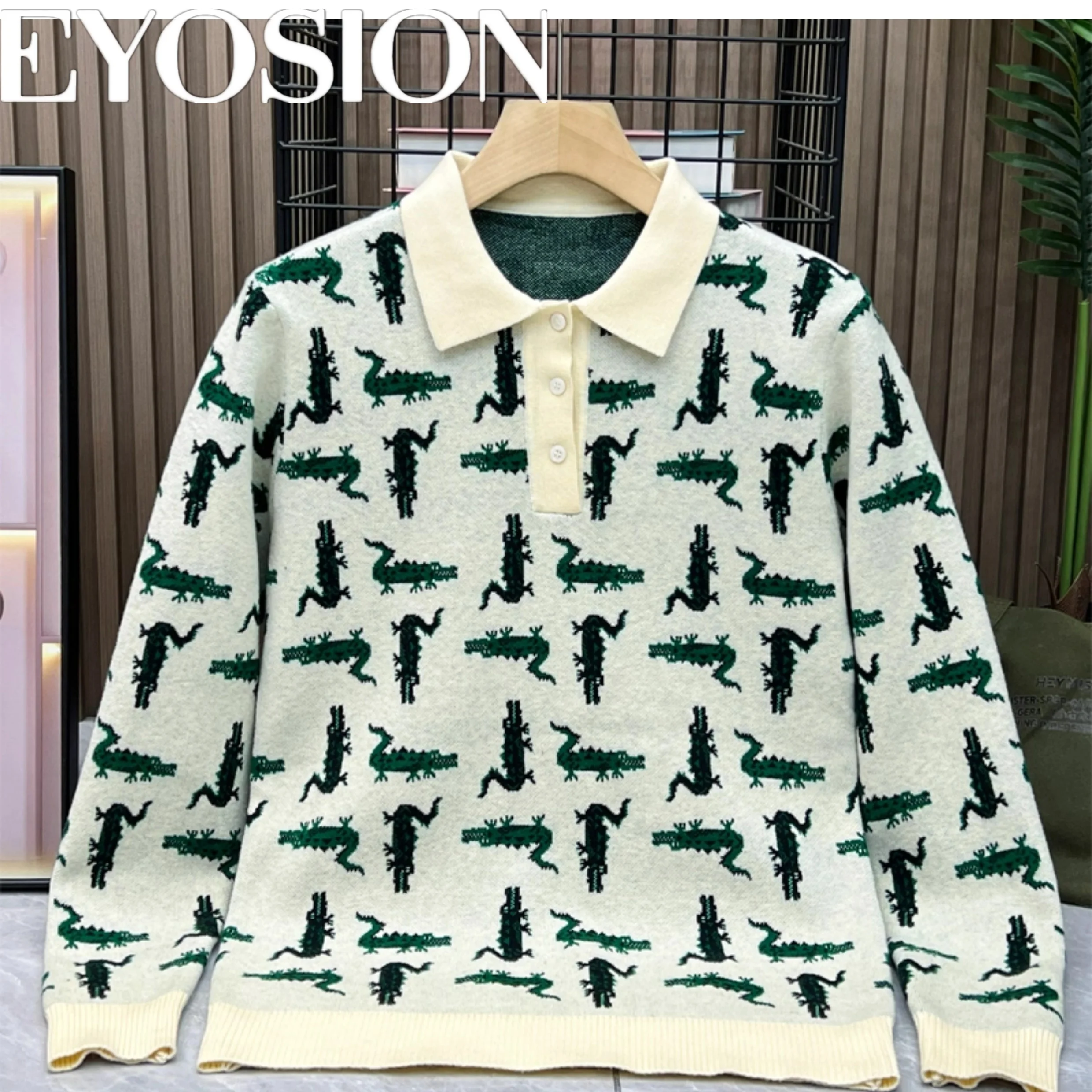 Retro Fashion Men's Long Sleeve Crocodile Printed Knitted Shirt Flip Collar Shirt Slimming Casual Versatile Top Polo Shirt 4XL