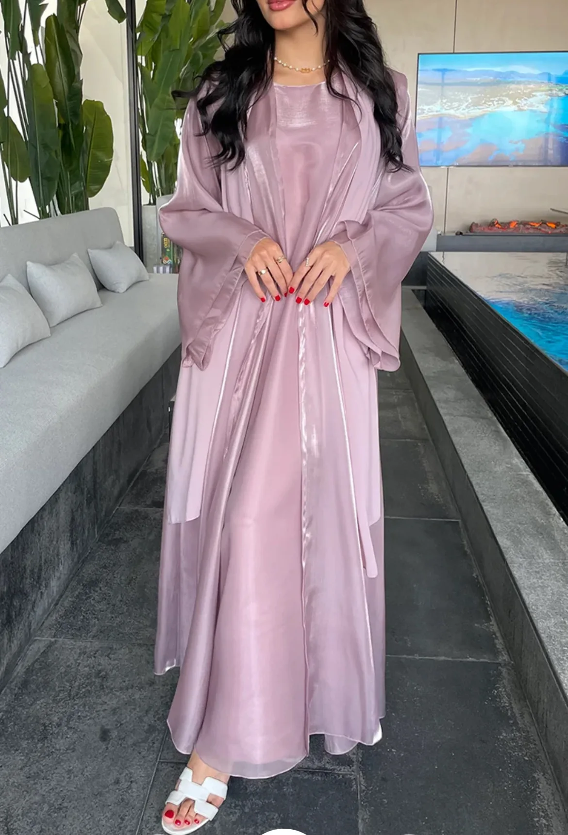 Eid Dubai Luxury Shiny Satin Open Kimono Abaya 2 Piece Set Muslim Modest Kaftan Dresses Islam Clothing for Women Robe Femme Gown