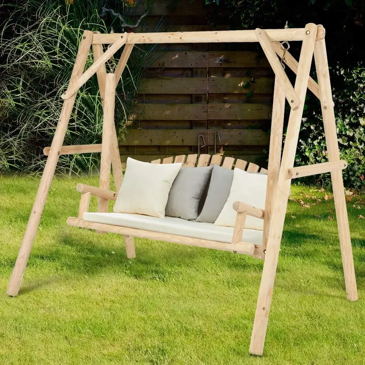 Porch Swing, Frame for 2 Person, Rustic Hardwood Swing Chair for Patio Garden Yard, 6.5' Wooden Swing Bench for Adult