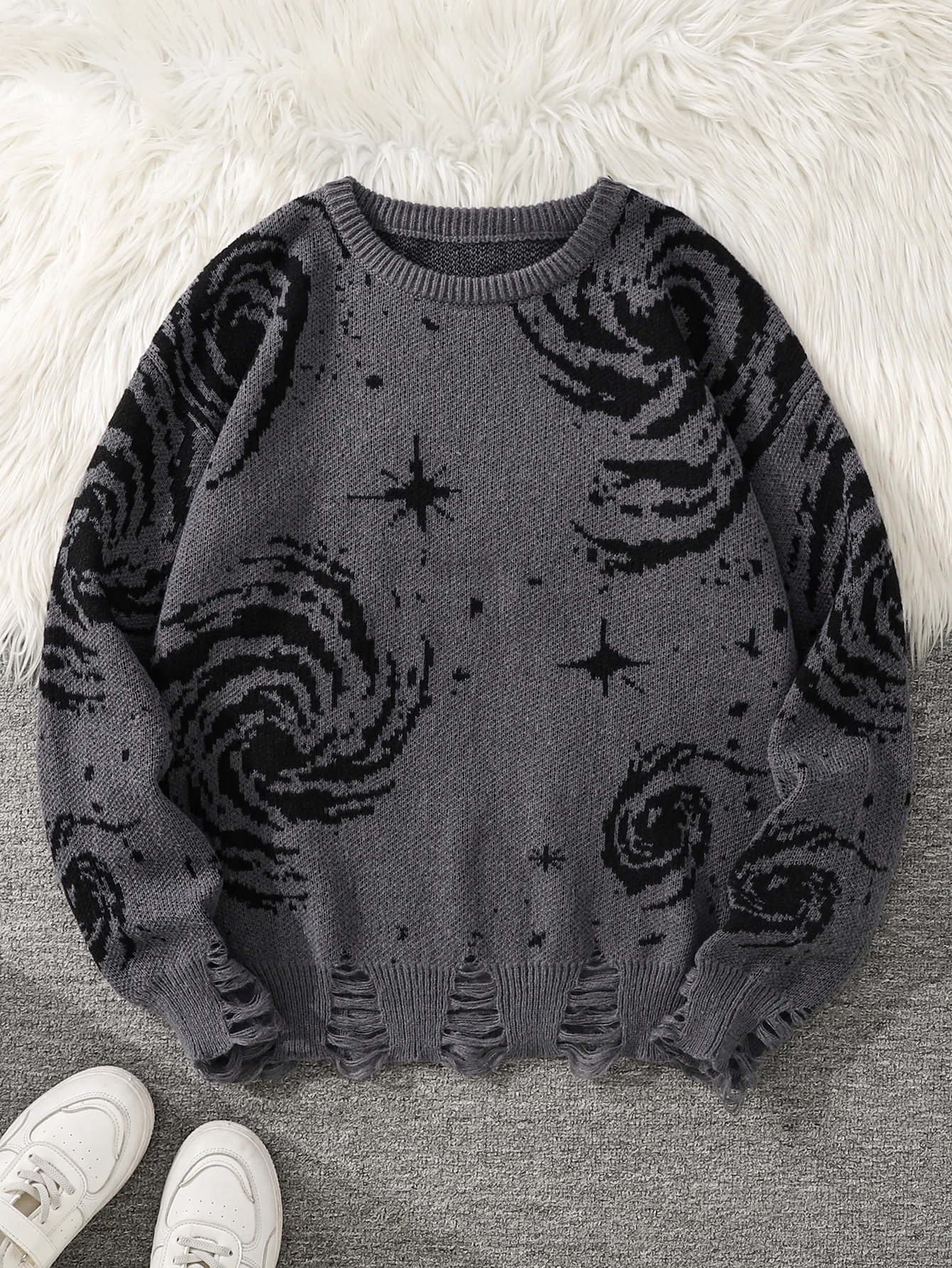 Men's Autumn and Winter Street Style Ripped Abstract Starry Sky Pattern Pullover Sweater, Casual Crew Neck Knit Men's Pullover, Regular Fit, Suitable for Autumn and Winter Seasons