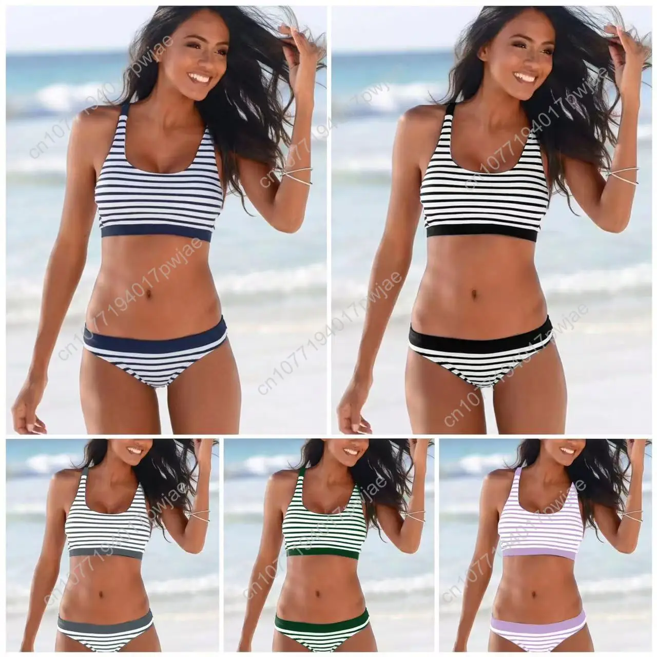 

Women's Two-Piece Swimsuit: Striped & Solid-Color Bikini featuring Criss-Cross Straps Multi-String Design (Cross-Border Style)