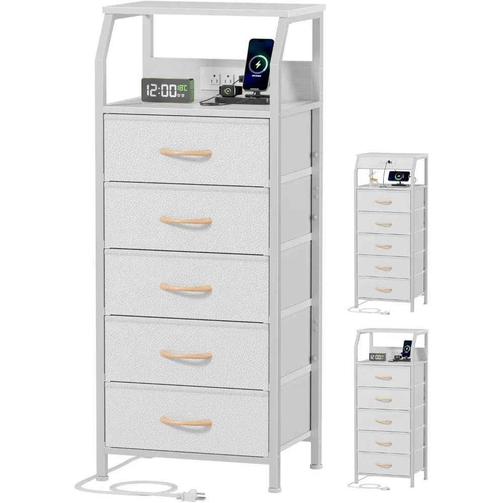 5 Drawers Dresser with Charging Station, Tall Night Stand Open Shelf, Storage Tower PVC & Fabric Drawer, Bedside Table，White