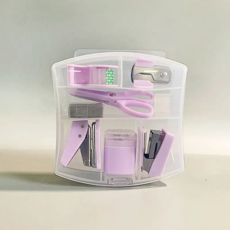 Creative Cute Macaron Student Learning Stationery Transparent Plastic Box Convenient Office Mini Stationery Set
