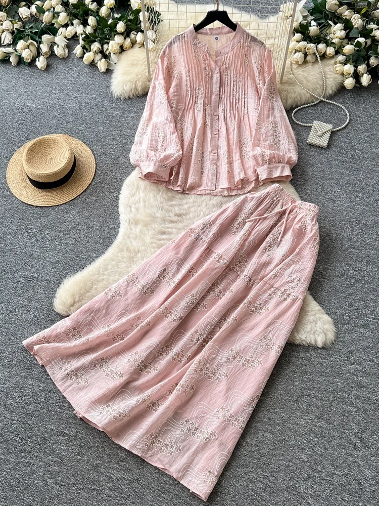 

Elegant Pink Embroidered Lantern Sleeve Open Cardigan High Waist Skirt Two Piece Set Women's Autumn Slimming Outfit