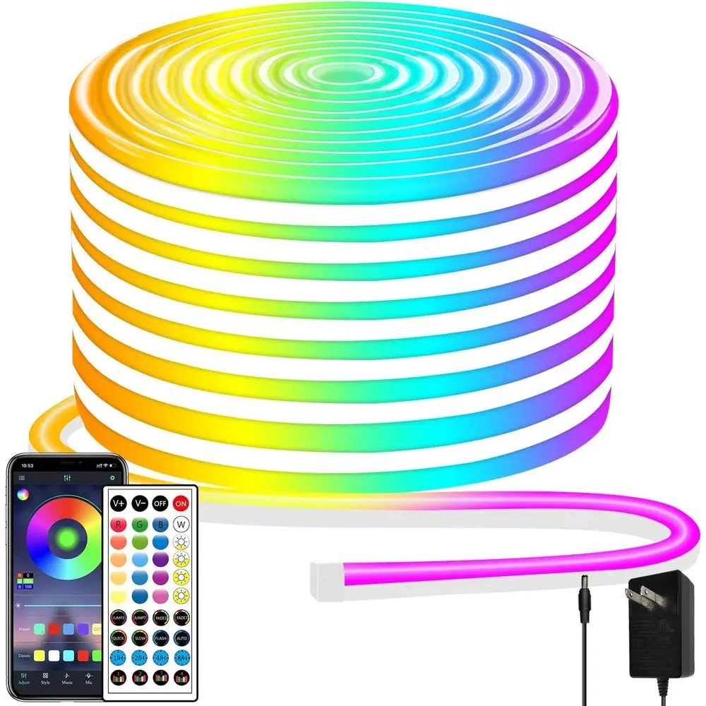 50t Neon Rope Light, 24V RGB LED Strip Lights, Multi-Color, Music Sync, Dimmable, Remote/APP Control, lexible DIY Design or Bedr