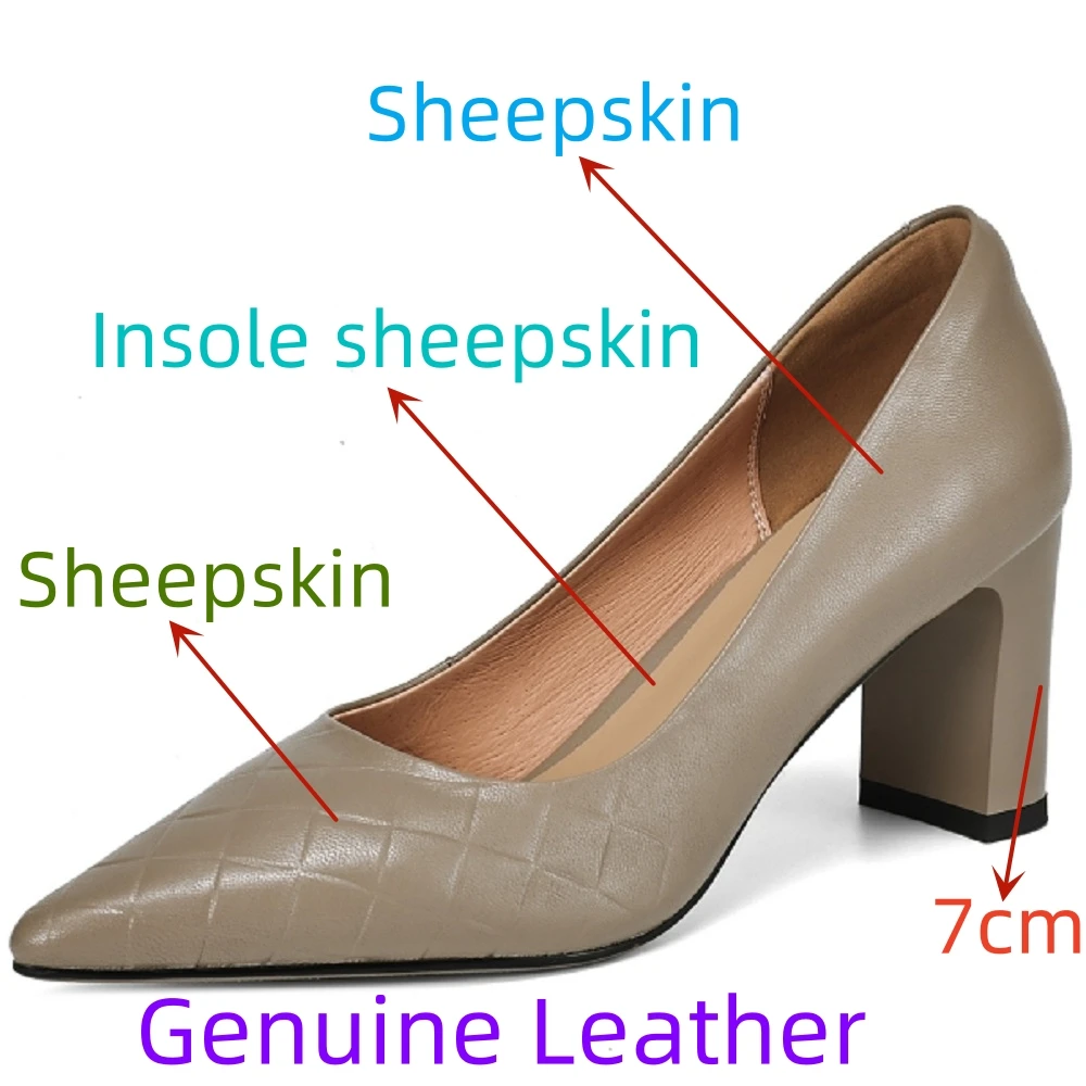 【EUNICE YUN】New Women Genuine Leather Pumps Flock Sweet Thick Female Sexy Office Pointed Toe Dress Work Pump Cute Shoes 34-42