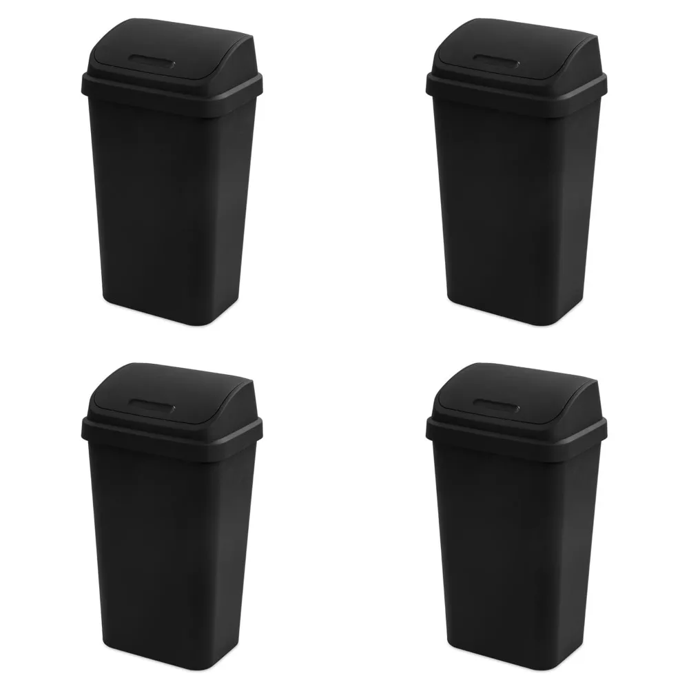

Sterilite 4-Pack Swing Top Wastebasket, 13 Gallon Square Trash Can with Swing Lid, Black Modern Garbage Bin for Kitchen Bathroom