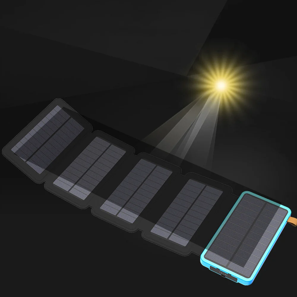 Banca di energia solare banca di potere all'aperto caricatore del telefono cellulare batteria portatile illuminazione a LED doppia alimentazione USB 20000mAh grande capacità