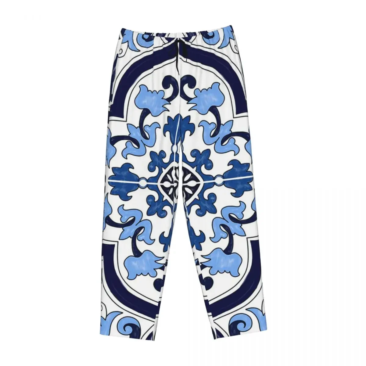 Custom Blue Ornate Floral Mediterranean Sicilian Tile 1 Women Pajama Pants Lounge Sleep Sleepwear Bottoms with Pockets