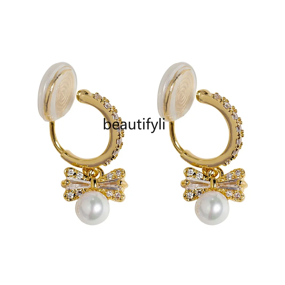 

yj Small Elegant Bow Pearl Earless One-Piece Ear Clip Sweet Micro-Inlaid Ear Buckle