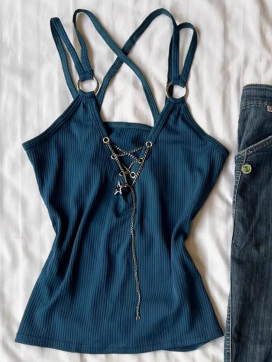 American Vintage Blue Hollow Out Camisole Vest 2025 Spring Summer New Y2k Star Chain Spice Girl High Street Tank Top Y2k Top