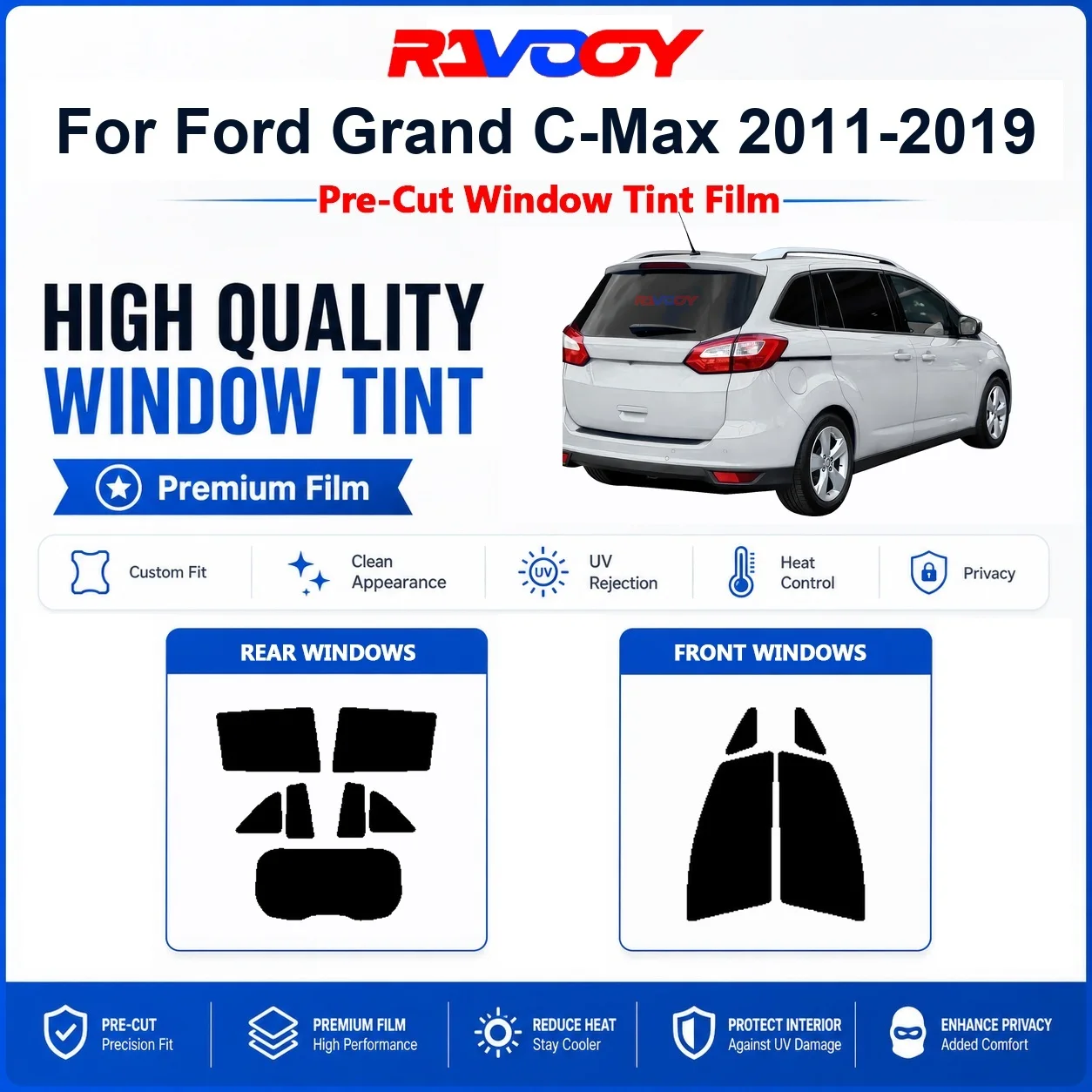 Pellicola oscurante pre-tagliata premium per finestrini Ford Grand C-Max 2011-2019 anteriori e posteriori, protezione UV e privacy.