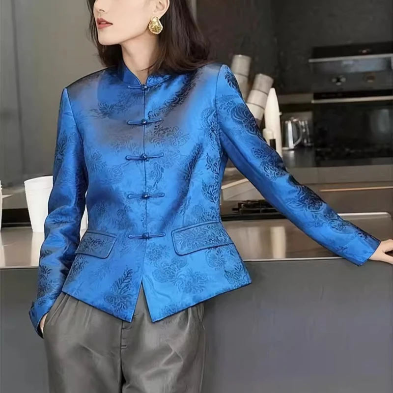 

Женское пальто в китайском стиле с цветочным принтом, весна-осень 2026, синее пальто с цветочным узором, женская одежда