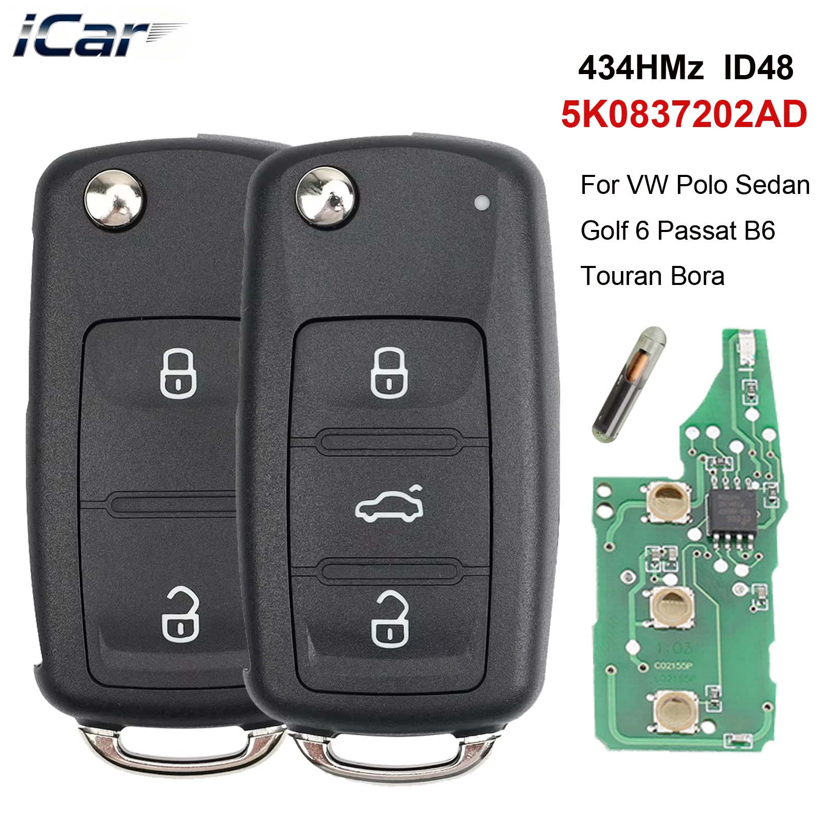 

2/3 кнопки дистанционного откидного ключа 434 МГц ID48 чип для VW Volkswagen GOLF PASSAT Tiguan Polo Jetta Beetle Skoda Seat Car 5K0837202AD