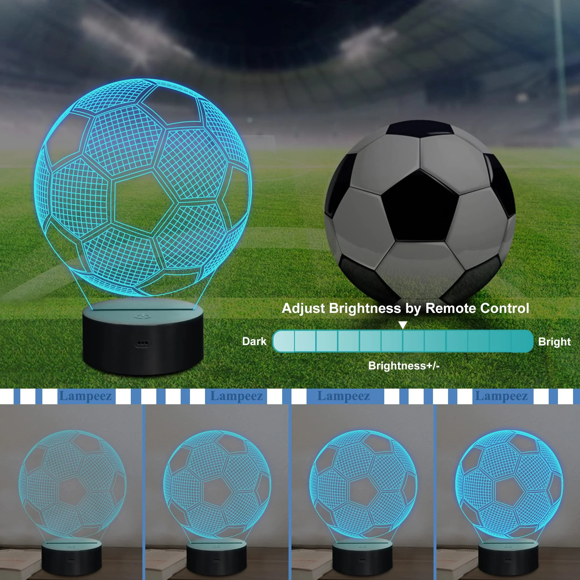 Luces nocturnas de fútbol para niños, ilusión 3D, luces de fútbol, 16 LED, cambio de Color remoto, mesa táctil, lámparas de escritorio, decoración de cumpleaños y Navidad