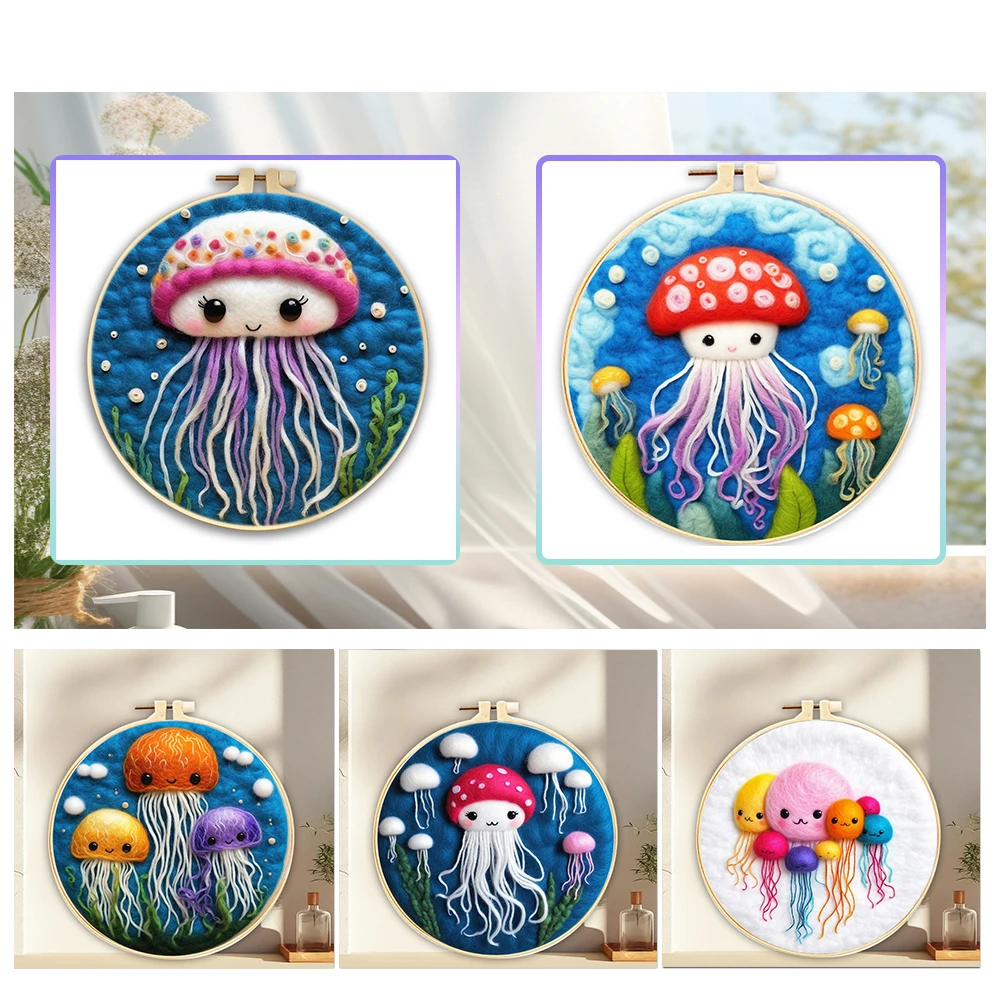 

GATYZTORY 20x20cm Diy Wool Felting Painting With Frame Felt Kit Animal Jellyfish Wool Needle Felt Picture Kit Felt Craft Gift