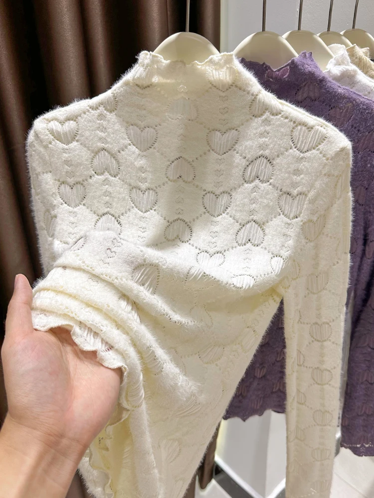 

Осенне-зимний мягкий кружевной базовый топ для женщин: пушистый, теплый, с высоким воротником, облегающий, премиум-класса, с длинным рукавом