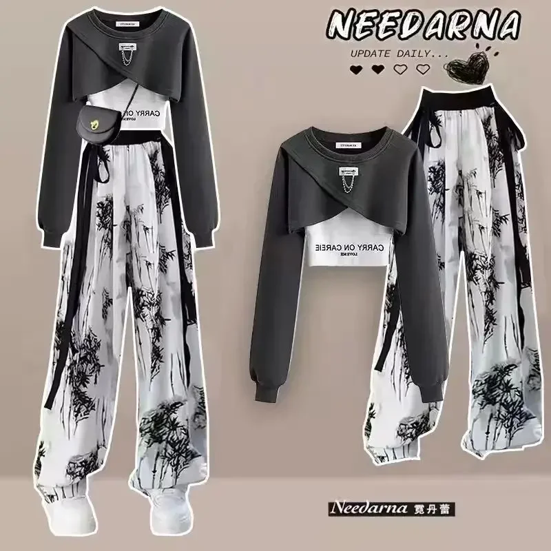 Spring and Autumn Set Women\'s Korean Design Long Sleeved Top+tank Top+ink Wide Legged Pants Three Piece Set Trendy Style Waist