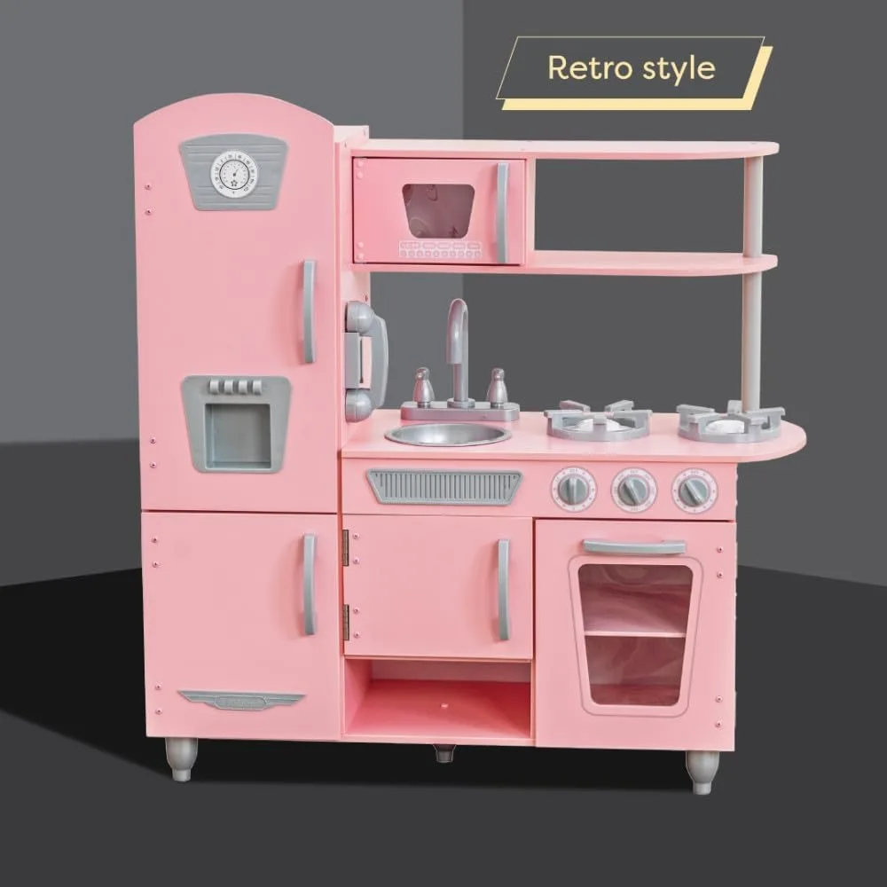 Cocina de juegos de madera vintage con máquina de hielo de imitación y teléfono de juego, rosa