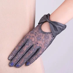 Leather Genuine Lace Short Thin Gloves for Women 2024 Summer New Bow Anti-UV Pure Mittens Mujer Black/Brown Luvas