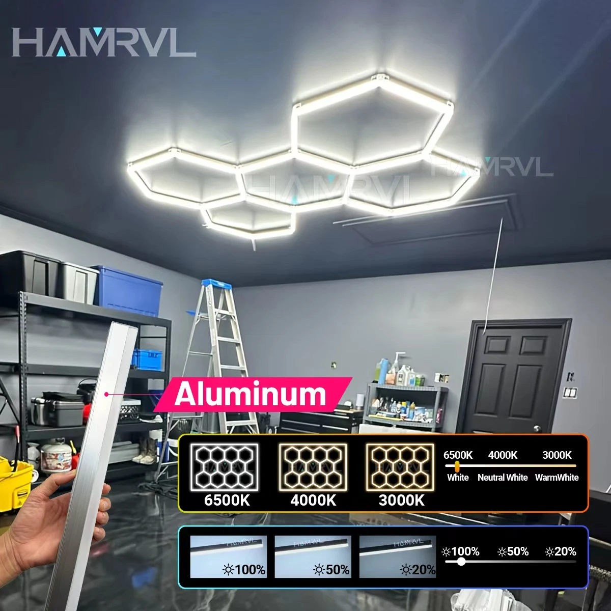 Illuminazione a LED Esagonale in Alluminio per Garage, Dimmerabile, 6000K 3000K