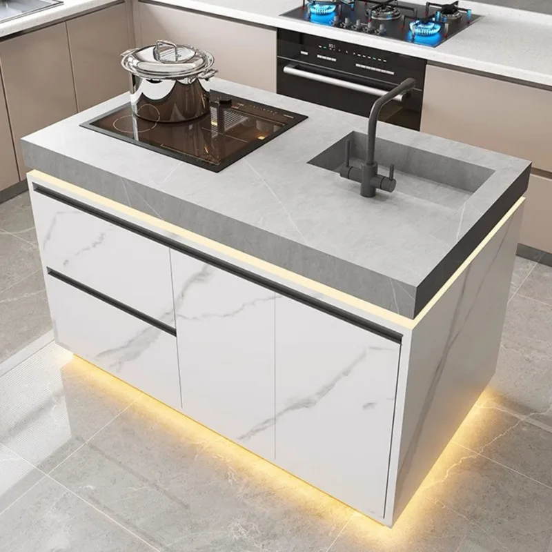 Small haute couture island table separate rock slab dining table integrated mobile open kitchen bar sink minimalist light luxury