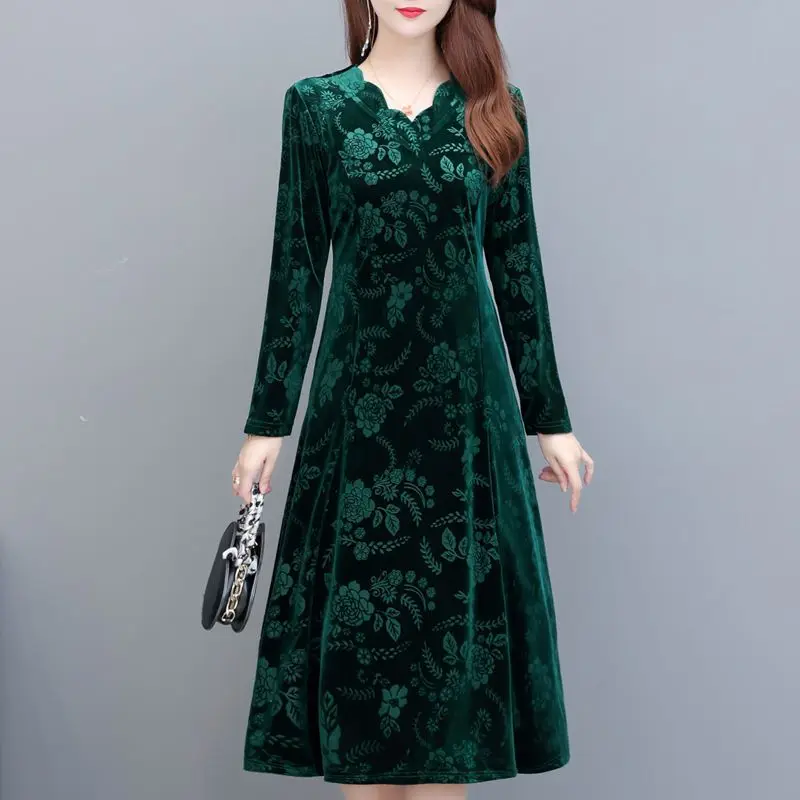 

2024 Autumn New Green Floral Chic Midi Dress Women Luxury Elegant Casual Dress Korean Vintage Bodycon Party Night Dress V314