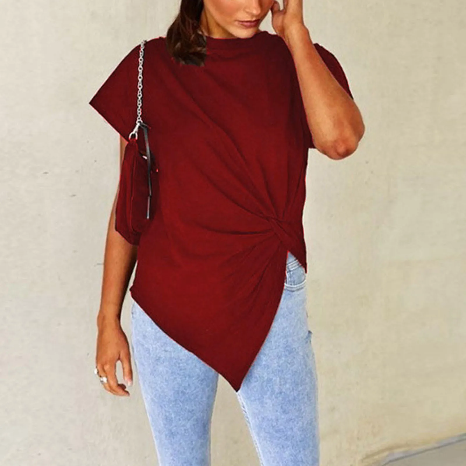 Women Summer Solid Color T-Shirt Top Knotted  Asymmetrical Round Neck Short Sleeve T Shirt Autumn Spring Clothing Female Tops