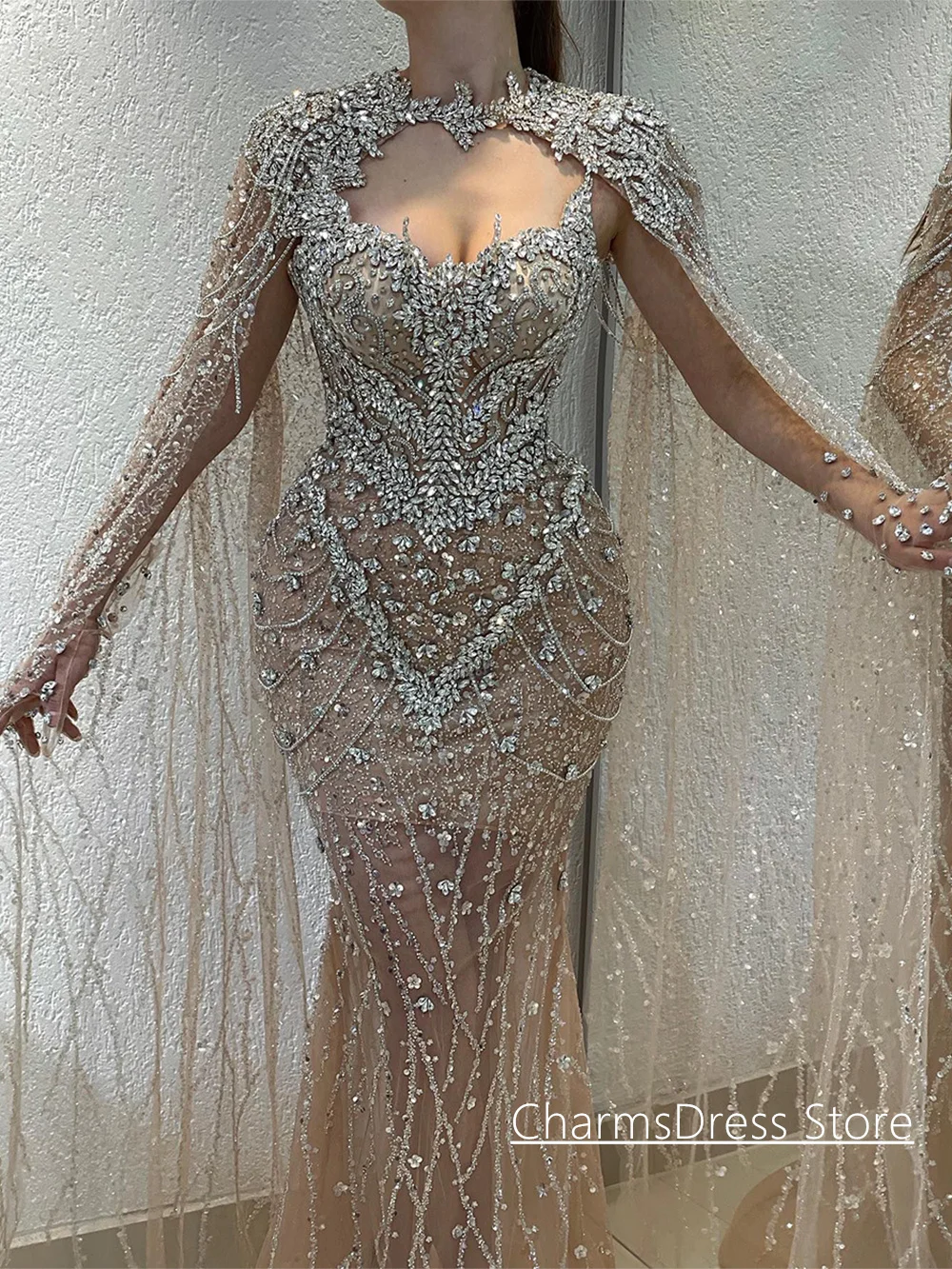 Crystal Mermaid Evening Dress Customized Sweetheart Rhinestones See Through Arabian Party Gown with Cape Formal Dresses