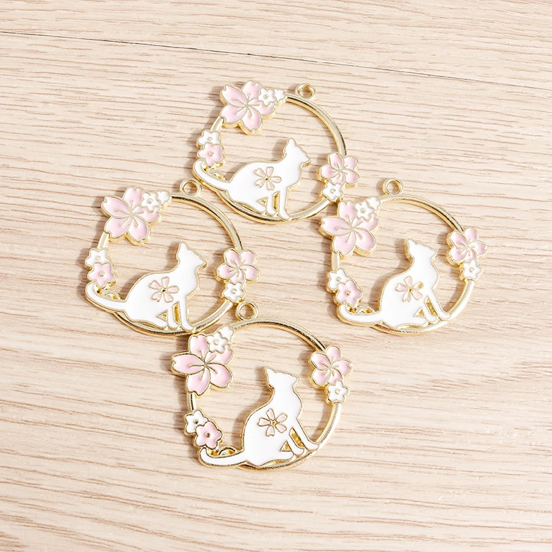 Tusember 10 Stück niedliche Emaille-Anhänger mit rosa Blumen-Katzen-Motiv für die Schmuckherstellung, Ohrringe, Halsketten, handgefertigte Accessoires – Detail 1