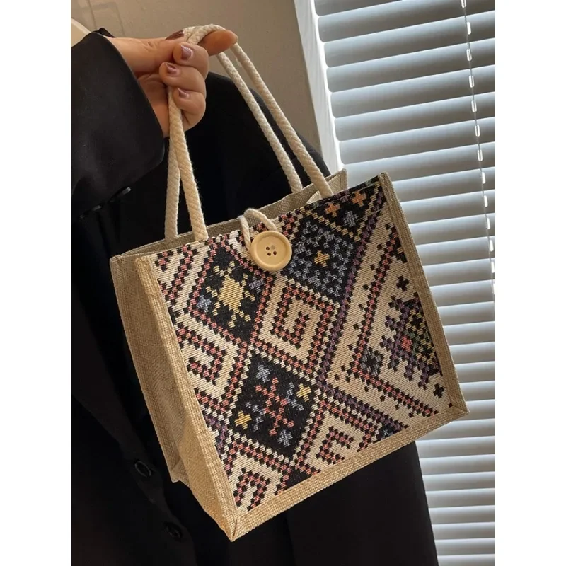 Sac en toile de style ethnique pour femme, boîte à lunch en lin portable, sac à bento, sac à main pour maman, sortie d'été, nouvelle mode