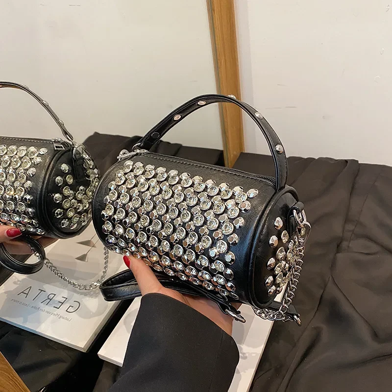

Rivet Diamond Bags for Women Trend 2025 New Fashion Cylinder Handbag Party Personalized High Quality Leather Shoulder Bag Ladies