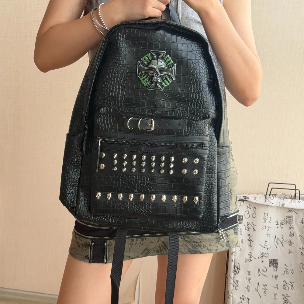 Men and Women Rivet Skull Punk Backpack Original Subculture Gothic Black Crocodile Pattern Backpack