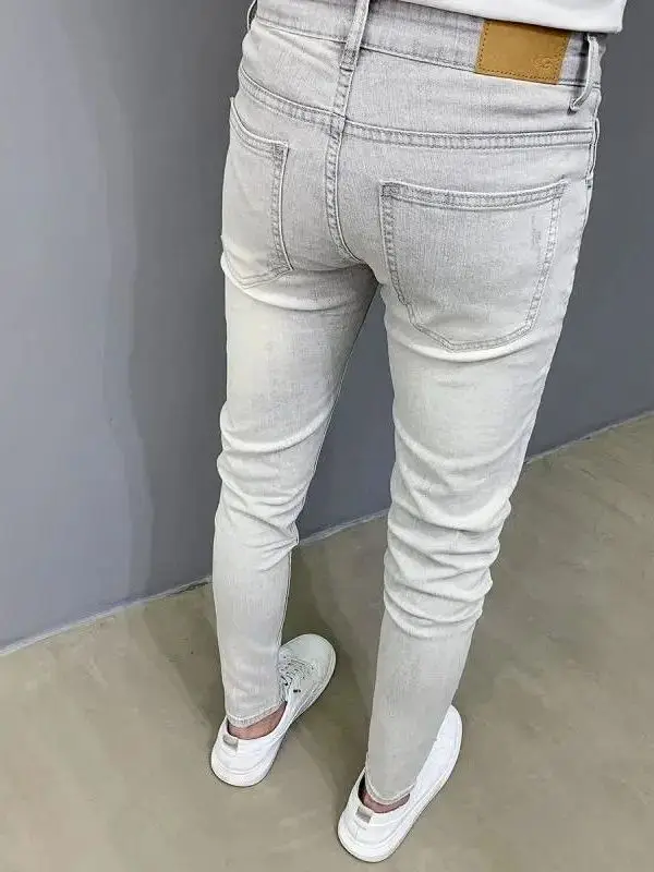 

Light Grey Slim Fit Men's Jeans Korean Style Versatile Elastic Nine-Piece Long Trousers Summer Fashionable Straight Leg Pants