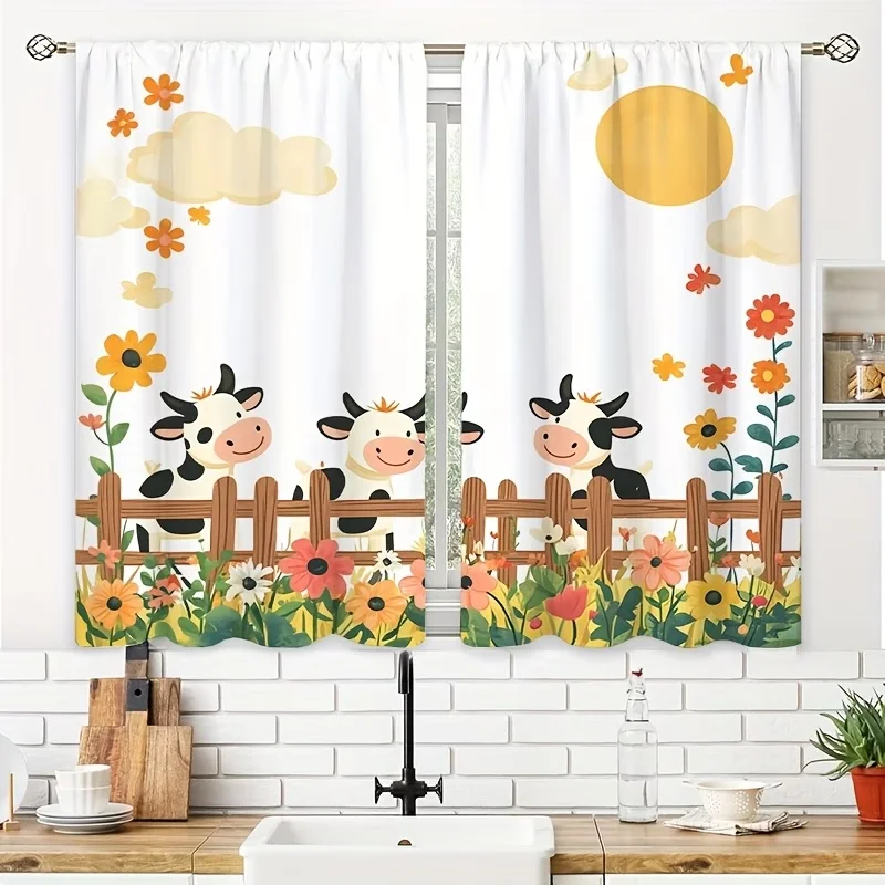 2PCS Digital Printed Curtains, Cow Farm Pasture Rural Countryside, Window Treatments for Living Room Bedroom Kitchen Home Decor