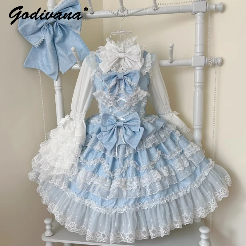 الحلو الفتيات الوردي فستان مجموعة رائع زهرة الزواج الأميرة مقوس دانتيل Jsk الحمالة فستان لوليتا قميص طويل الأكمام ملابس النساء #1