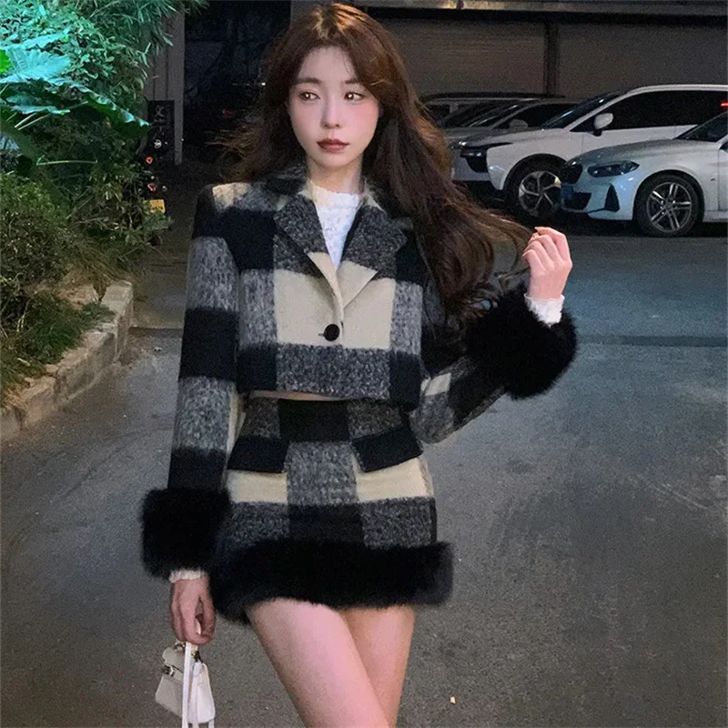 Retro Plaid Small Fragrant Woolen Coat Half Skirt Set Single Breasted Slimming Heavy Industry Sweet And Spicy Top Two-Piece Set