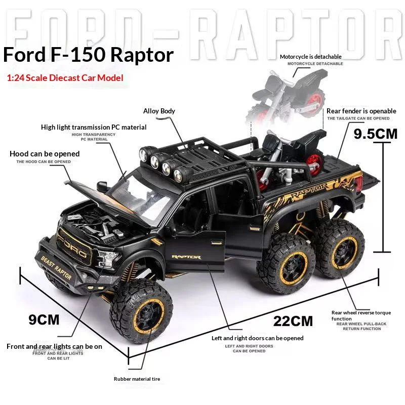 شاحنات بيك اب 1:24 للأولاد F150 رابتور دييكاست نموذج سيارة معدني مع صوت وضوء للأطفال من سن 3 سنوات فما فوق باللون الأزرق #2